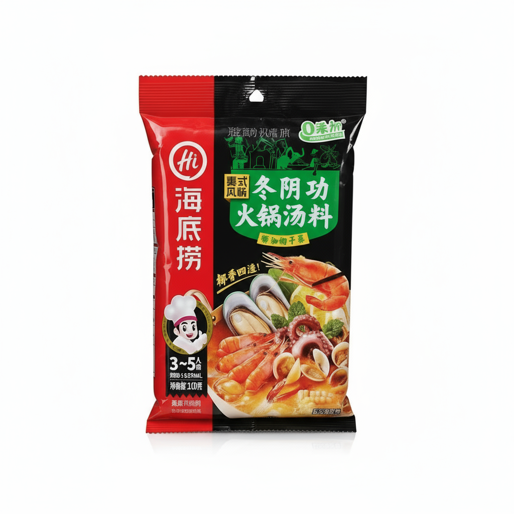 Embalagem de tempero para hot pot da marca Hai Di Lao, com design em vermelho, preto e verde, mostrando uma ilustração de frutos do mar como camarão, lula, mexilhão e vegetais em um caldo.