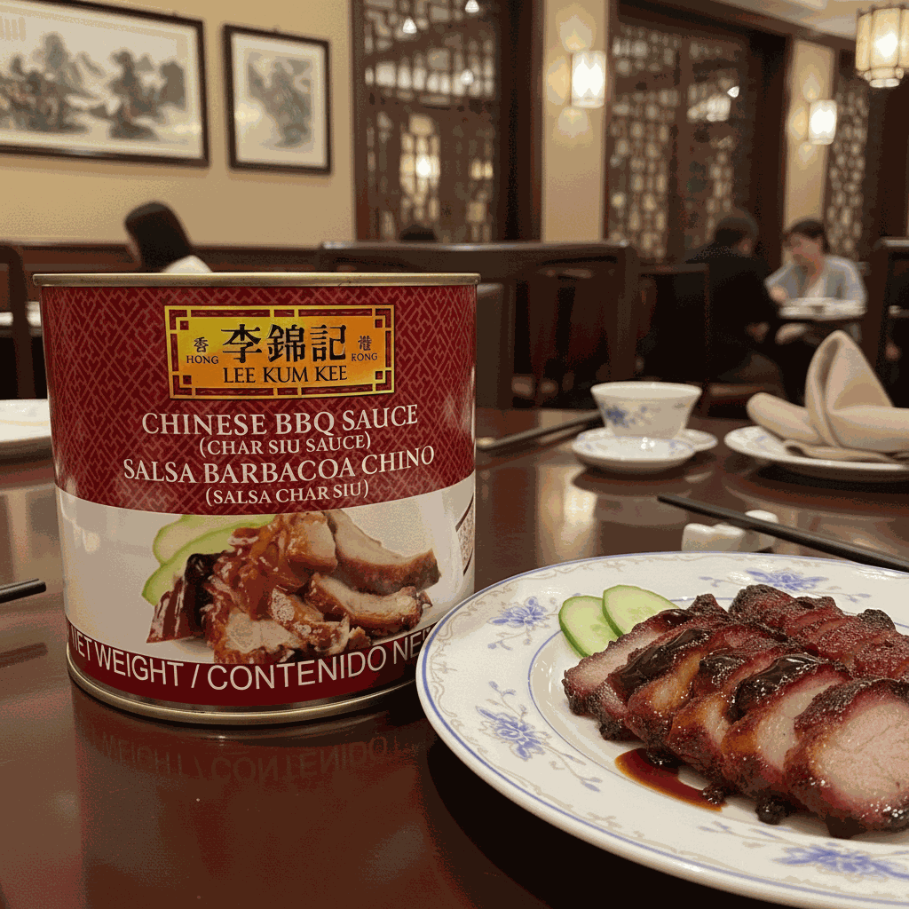 Molho de churrasco Char Siu Lee Kum Kee 2.55kg com carne chinesa grelhada em prato branco