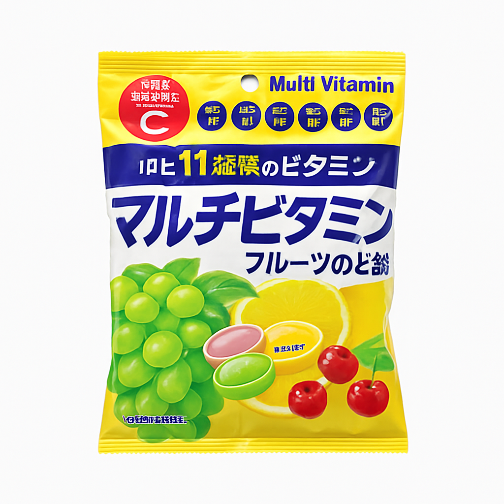 Mei Wei: Bala Multi Vitamina Frutas(マルチビタミン)- Senjaku 62g - Embalagem em Fundo Branco