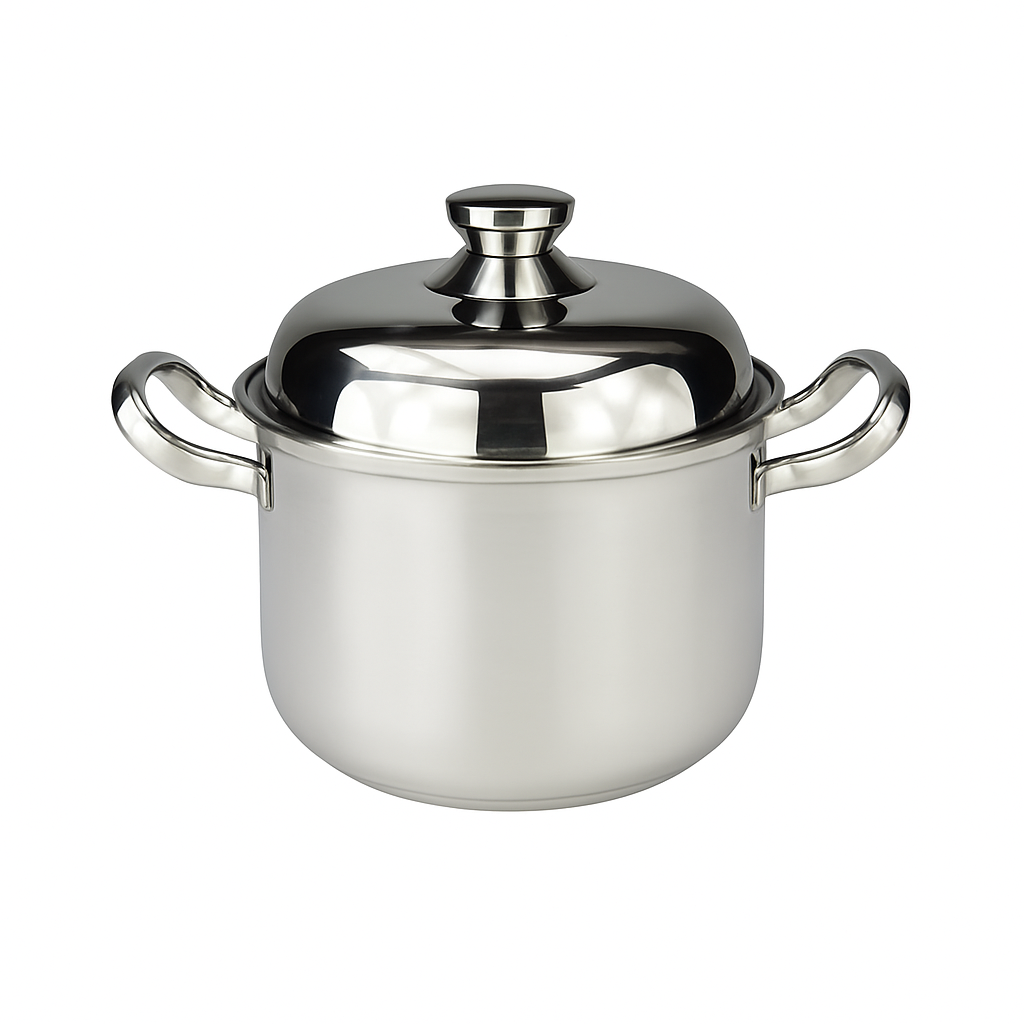 Mei Wei: Panela com Tampa de Aço Inoxidável 20cm(金亿丰美式高锅钢耳) - Embalagem em Fundo Branco
