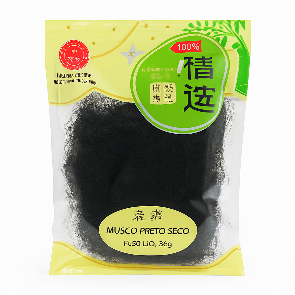 Mei Wei: Musgo Preto Seco(发菜)- Double Swallow 28g - Embalagem em Fundo Branco