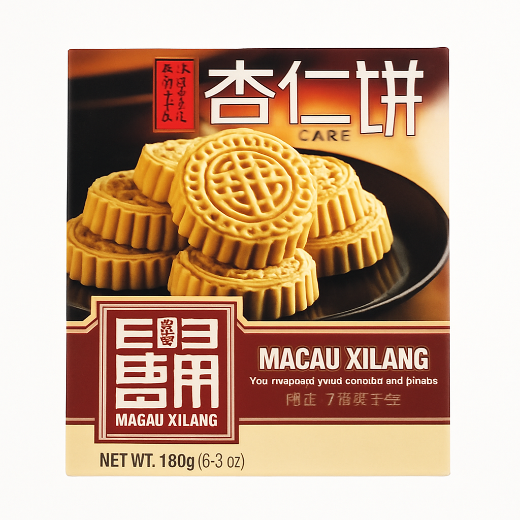 Mei Wei: Biscoito de Amêndoa(杏仁餅)- Macau Xilang 180g - Embalagem em Fundo Branco