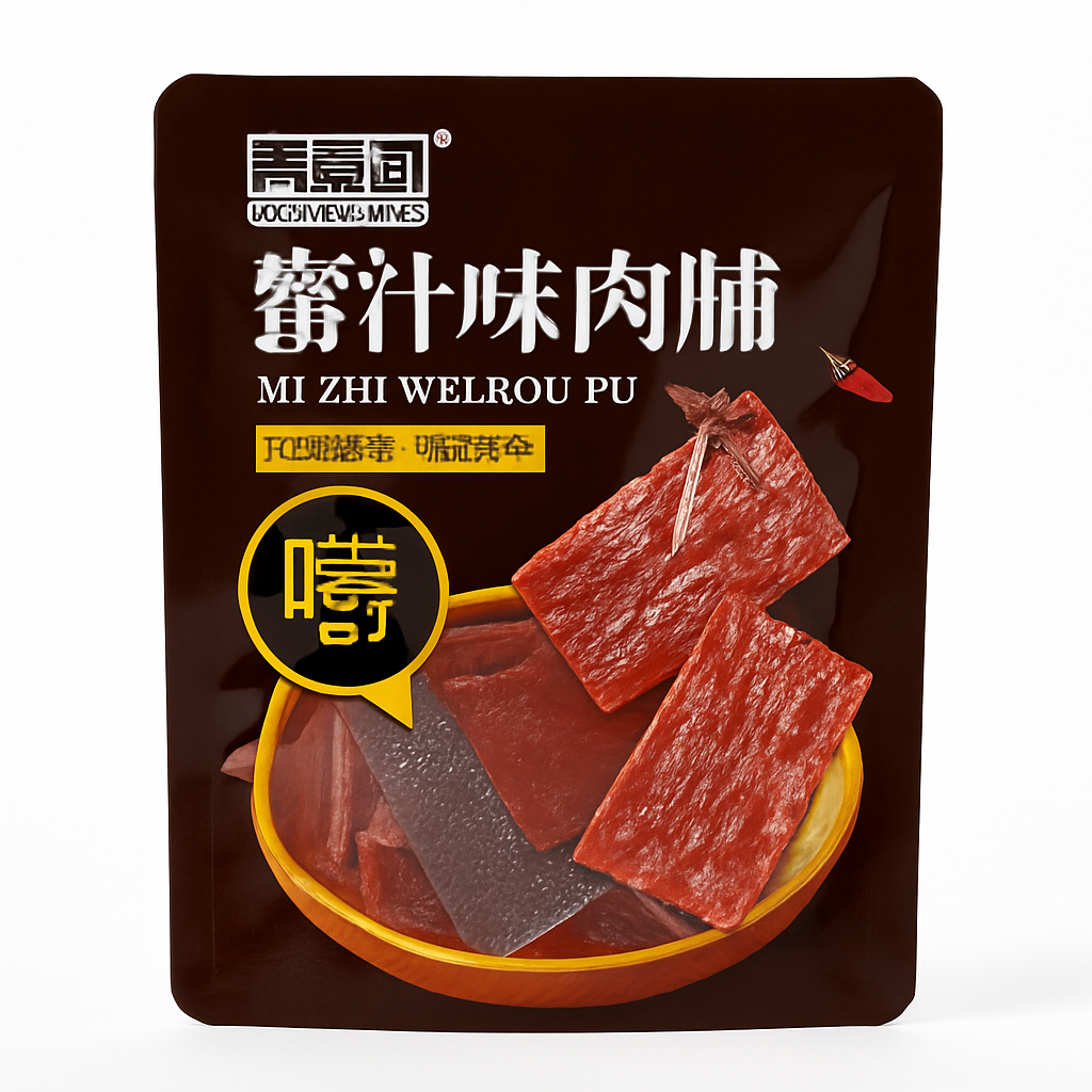 Mei Wei: Carne Seca Temperada(蜜汁味肉脯)- Qinghaoyuan 108g - Embalagem em Fundo Branco