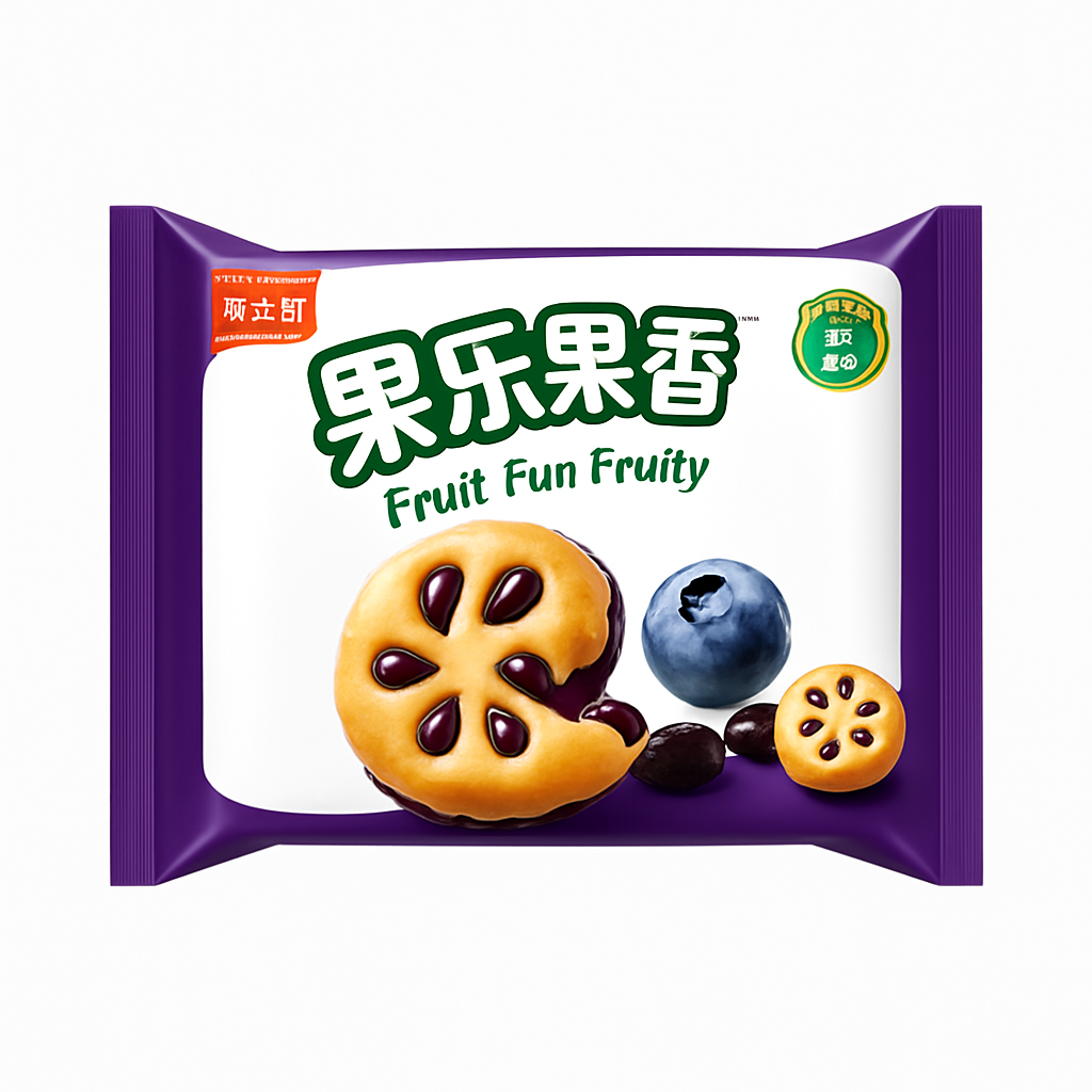 Mei Wei: Biscoito Recheado de Geleia de Mirtilo(果乐果香)- Jiashili 375g - Embalagem em Fundo Branco