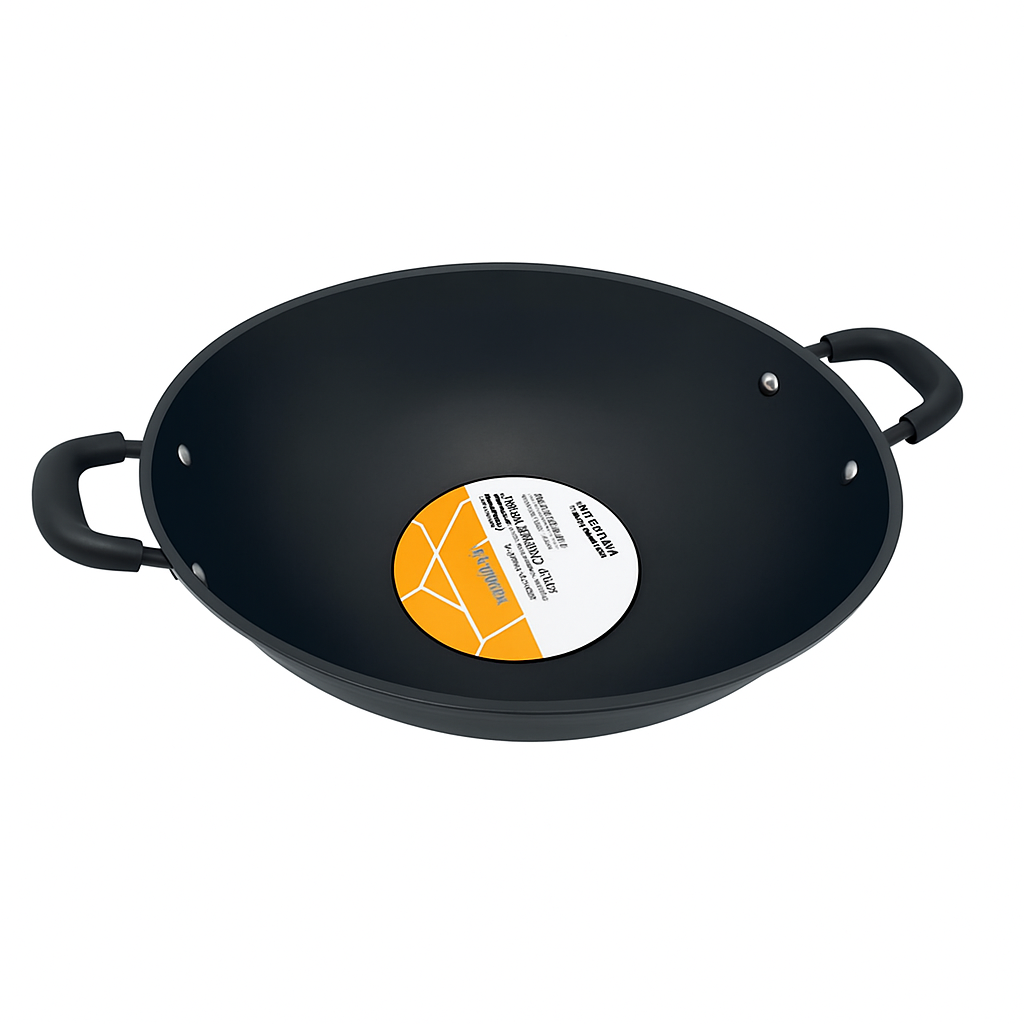 Mei Wei: Wok de Aço Carbono 38cm(刚博士38cm硬质炒锅)- Duplas Alças - Embalagem em Fundo Branco