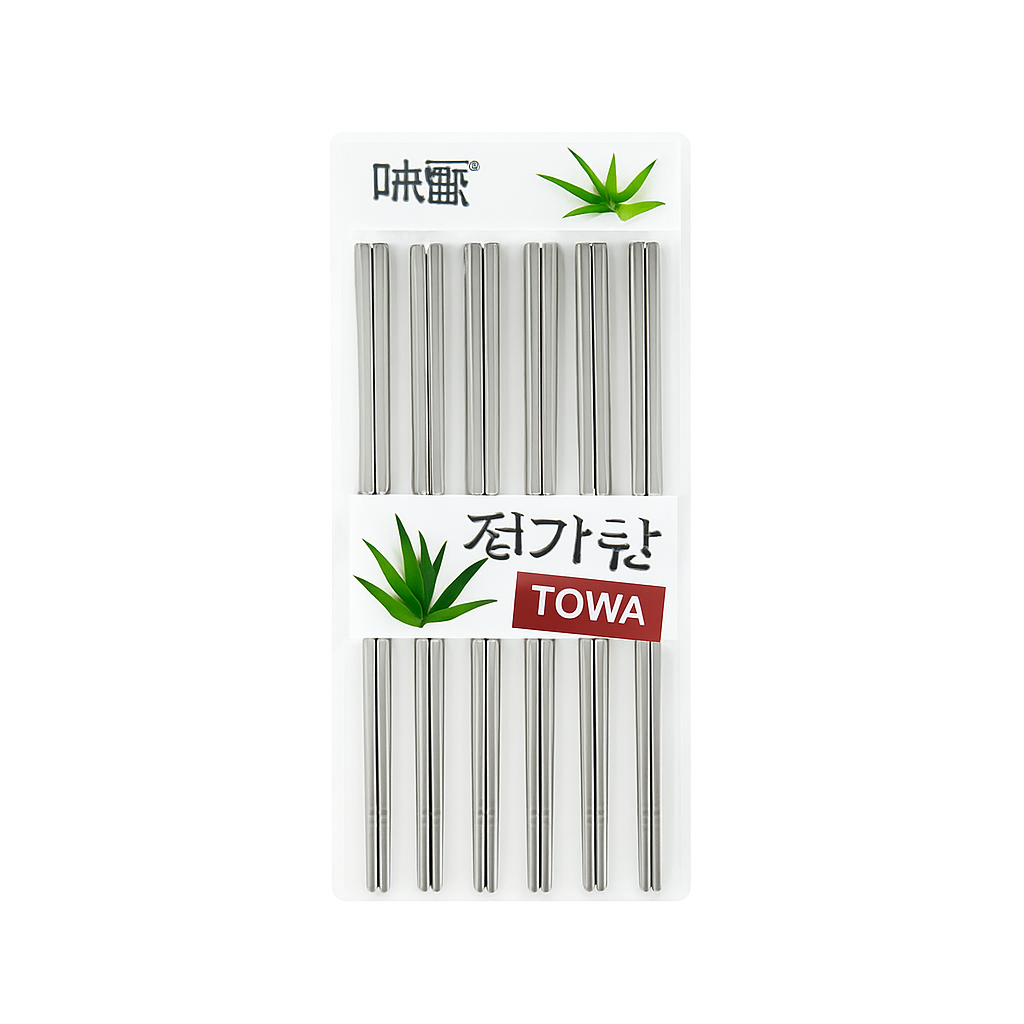 Mei Wei: Hashi de Aço Inoxidável Fosco(젓가락)- 22,5cm - 5 Pares - Embalagem em Fundo Branco