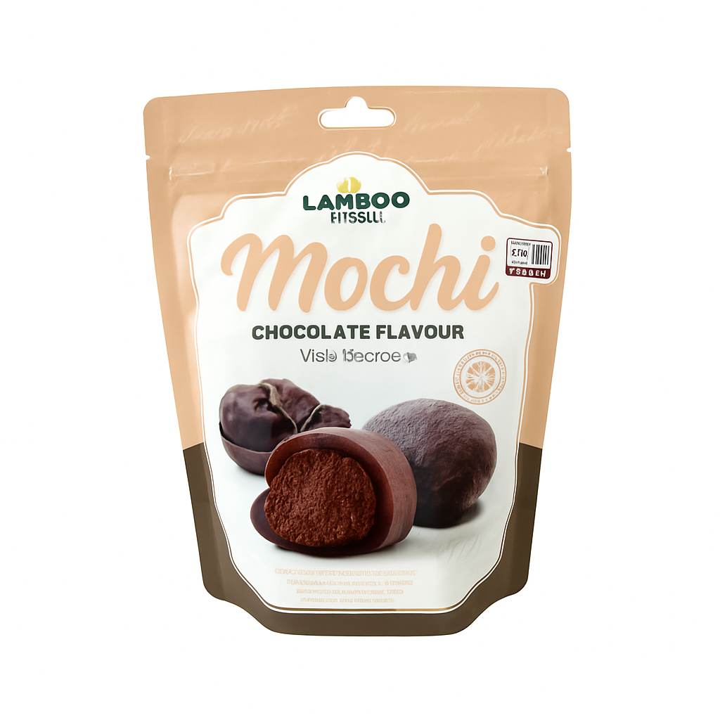 Mei Wei: Bolinho de Arroz Moti Sabor Chocolate(もち)- Bamboo House 180g - Embalagem em Fundo Branco