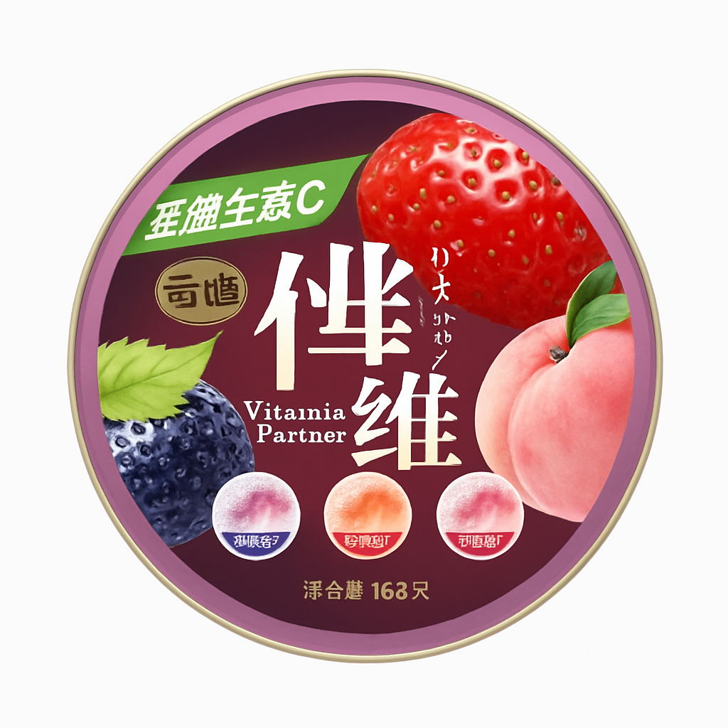 Mei Wei: Balas de Frutas com Coração Líquido(伴维爆浆果汁软糖)- Vitamin Partner 168g - Embalagem em Fundo Branco