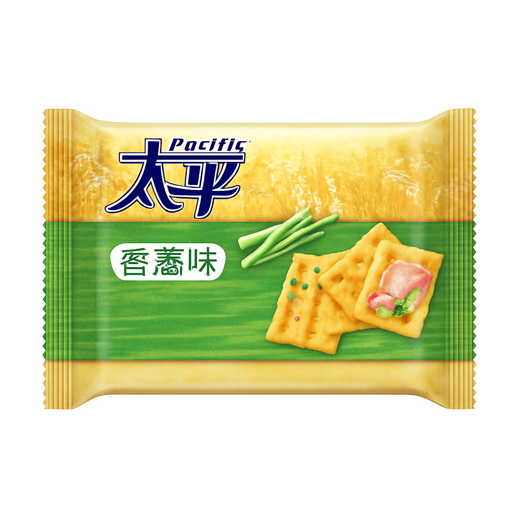 Mei Wei: Biscoito de Cebola Verde(太平香葱梳打)- Pacific 400g - Embalagem em Fundo Branco