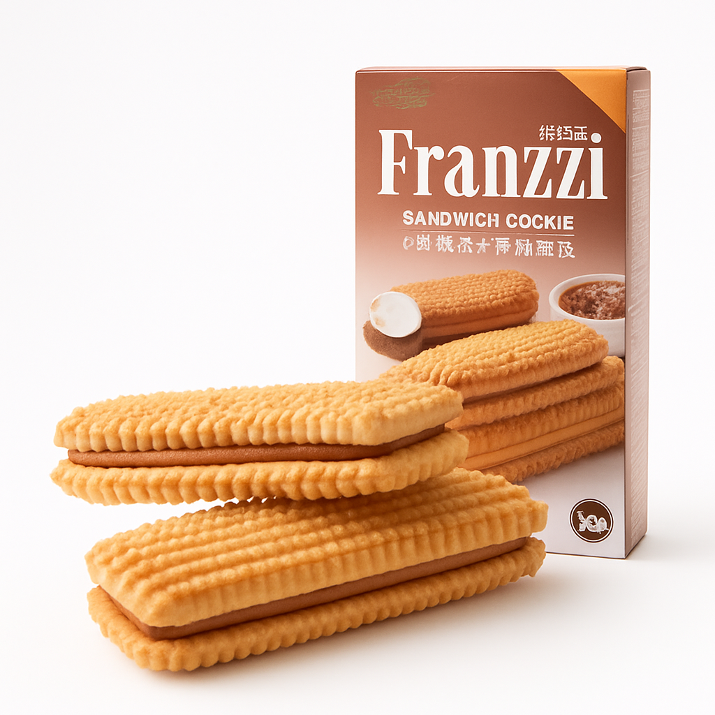 Mei Wei: Biscoito Wafer Sabor Café com Leite de Coco(法丽兹夹心曲奇)- Franzzi 92g - Embalagem em Fundo Branco