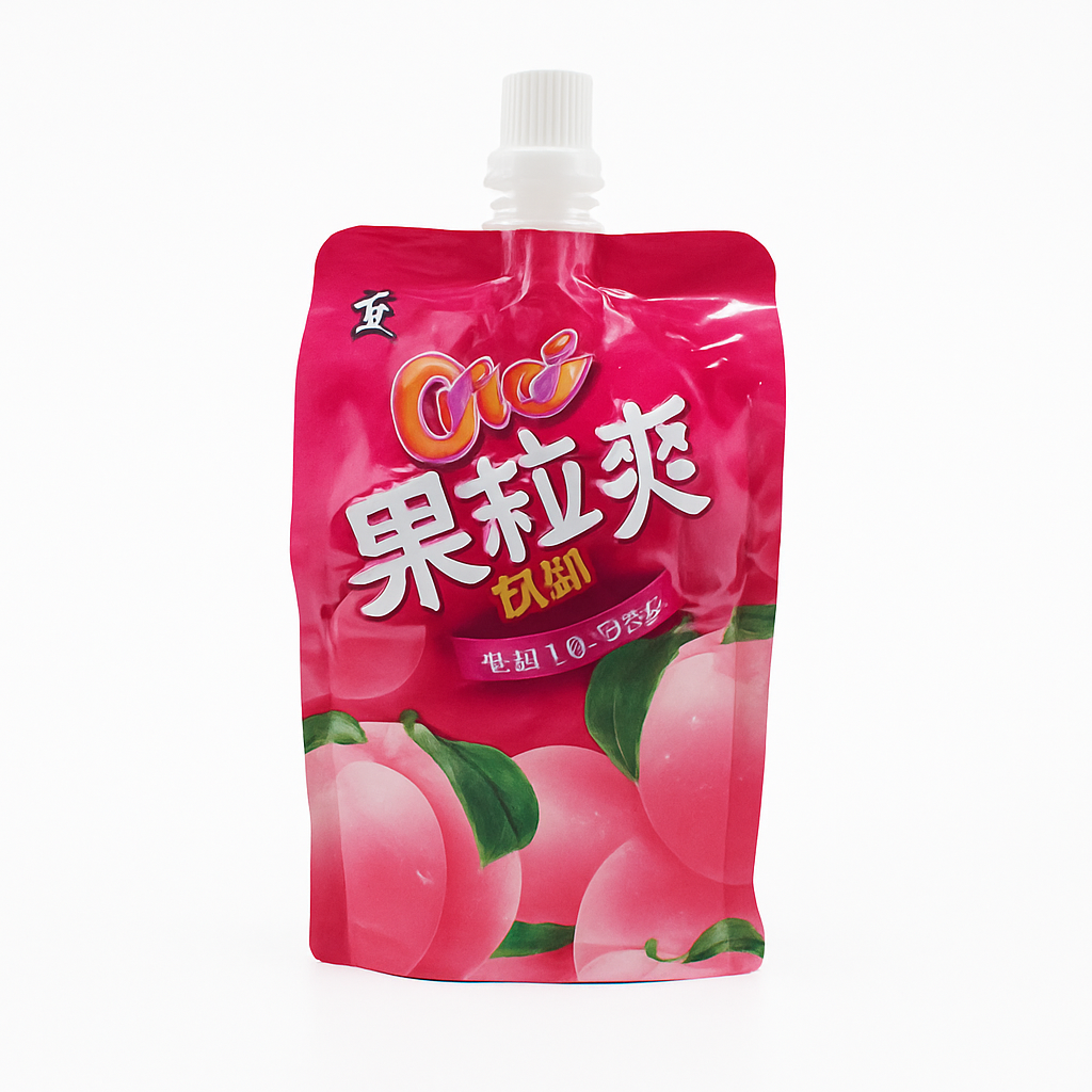 Mei Wei: Bebida Gelatinosa com Pedaços de Pêssego(喜之郎果粒爽)- Xizhilang 350ml - Embalagem em Fundo Branco