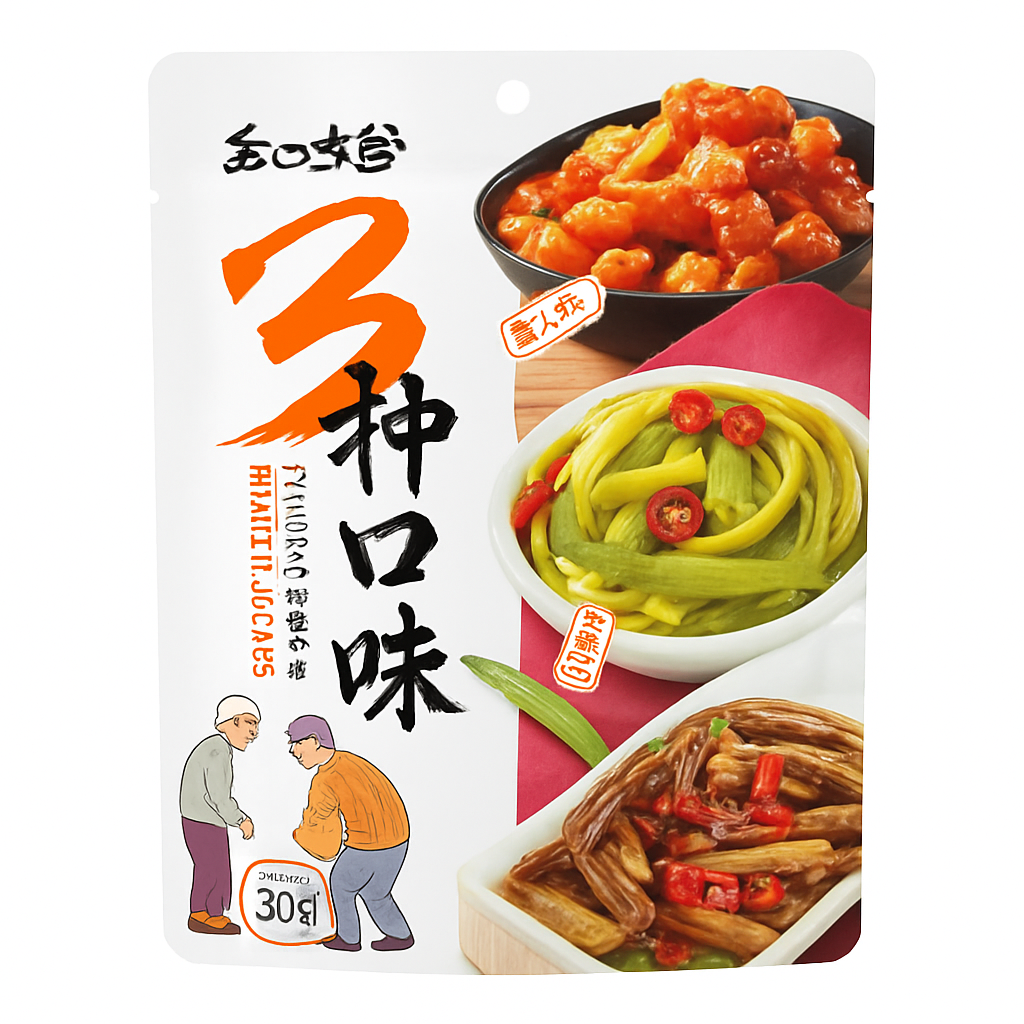 Mei Wei: Vegetais Conservados Três Sabores(三种口味)- Zhiweike 80g - Embalagem em Fundo Branco
