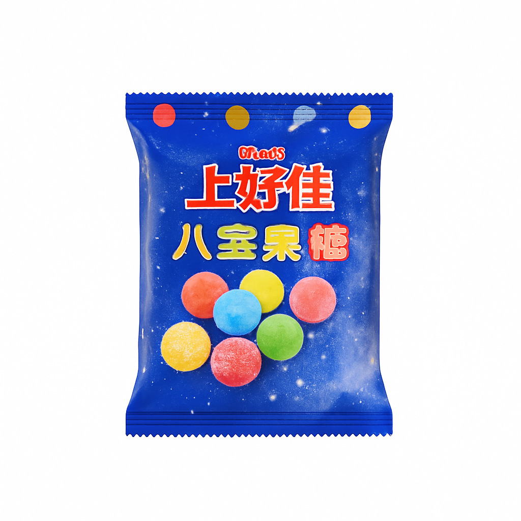 Mei Wei: Bala de Frutas Mistas Oishi(上好佳八宝果糖)- Oishi 96g - Embalagem em Fundo Branco