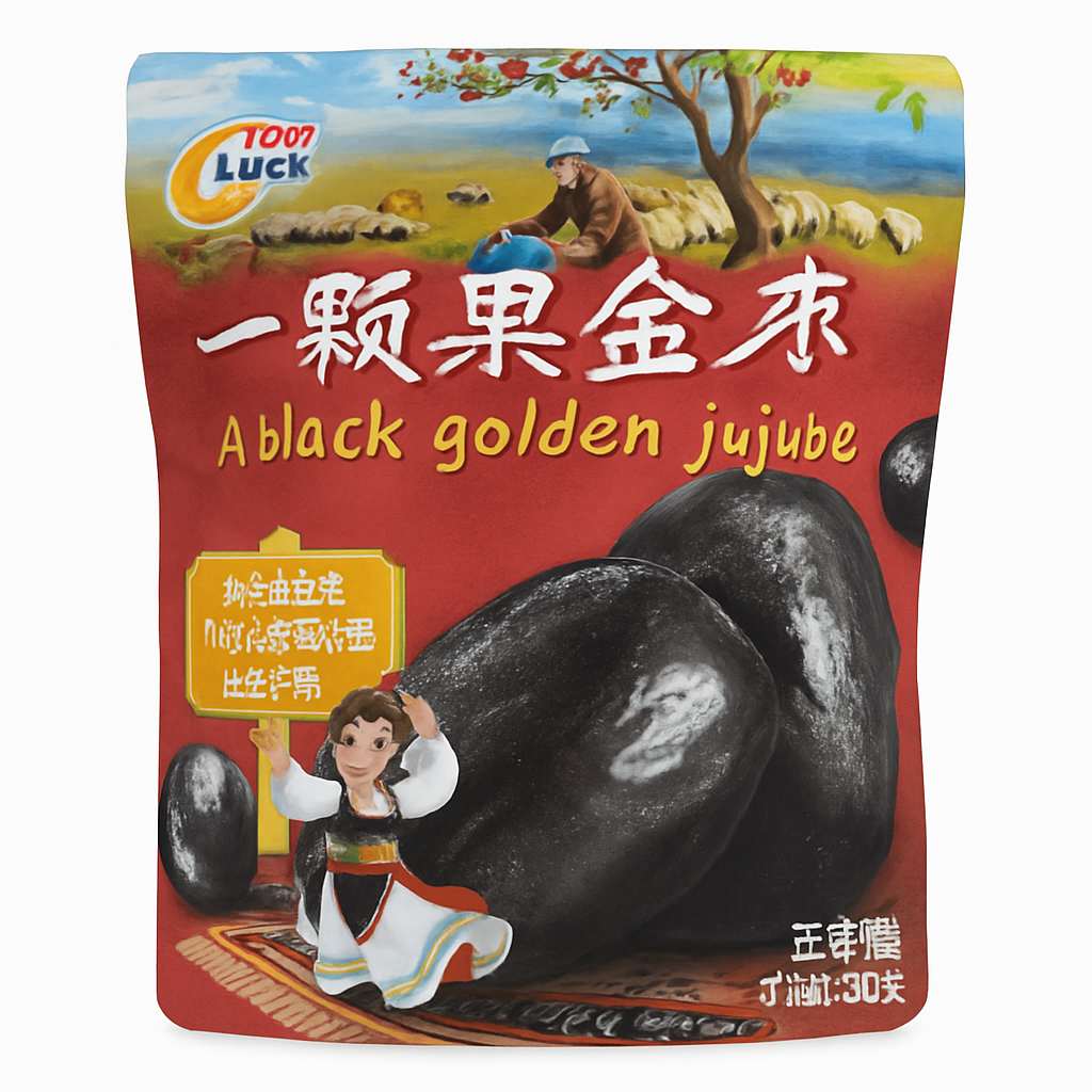 Mei Wei: Tâmara Preta Golden Jujube(一颗黑金枣)- Farm Luck 300g - Embalagem em Fundo Branco
