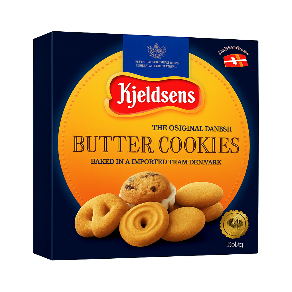 Mei Wei: Butter Cookies Dinamarqueses - Kjeldsens 908g - Embalagem em Fundo Branco