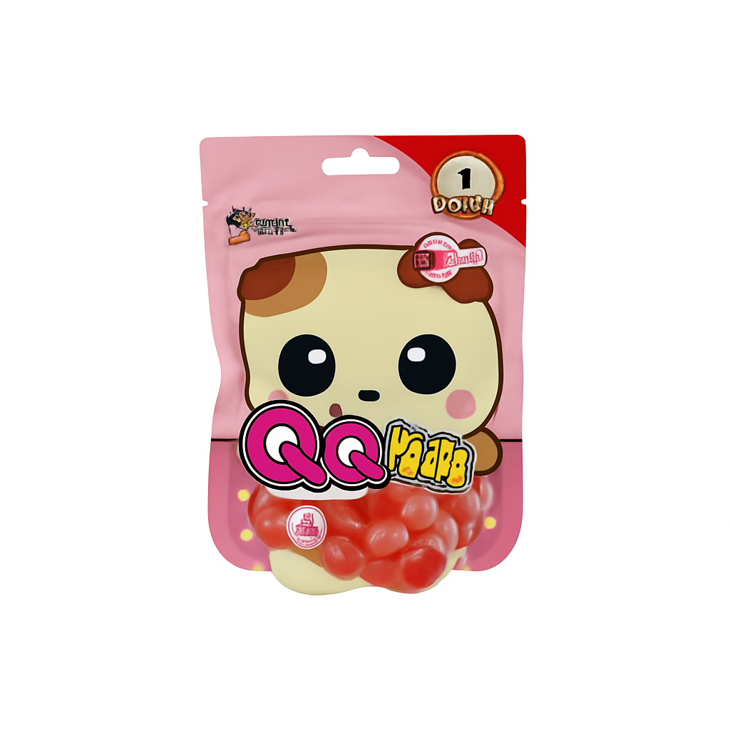 Mei Wei: Bala de Goma QQ Kitty(QQ糖)- Want Want Iogurte e Morango 45g - Embalagem em Fundo Branco