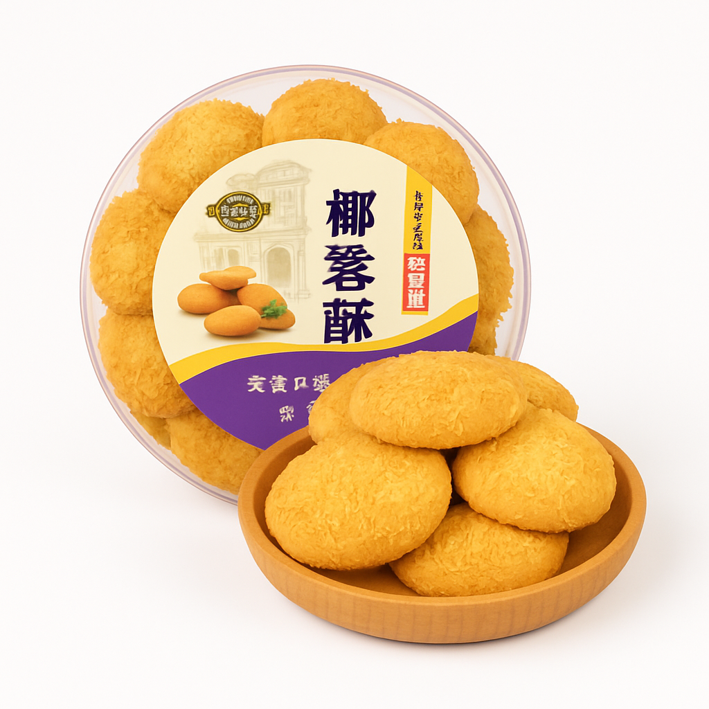 Mei Wei: Biscoito de Coco(椰容酥)- Yue Ao Ren Jia 238g - Embalagem em Fundo Branco