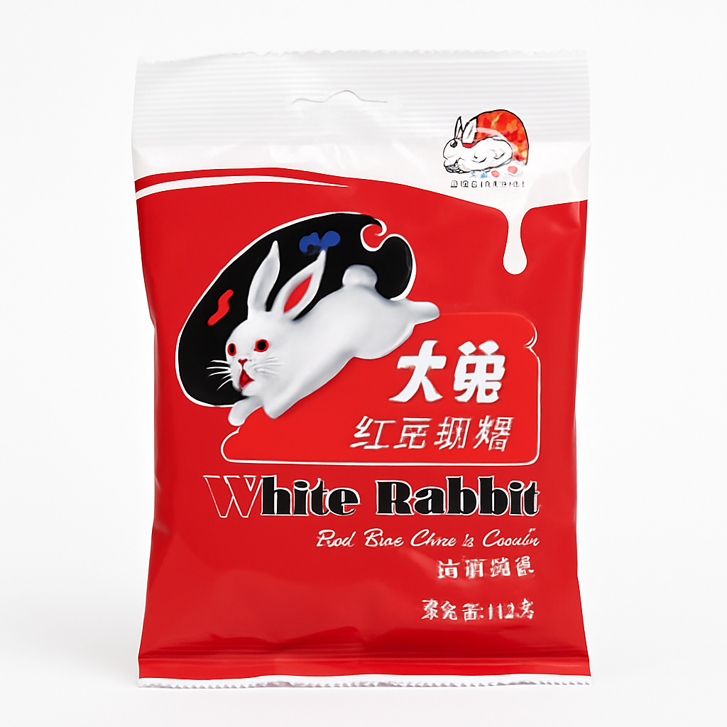 Mei Wei: Bala de Leite com Feijão Vermelho(大白兔红豆奶糖)- White Rabbit 114g - Embalagem em Fundo Branco
