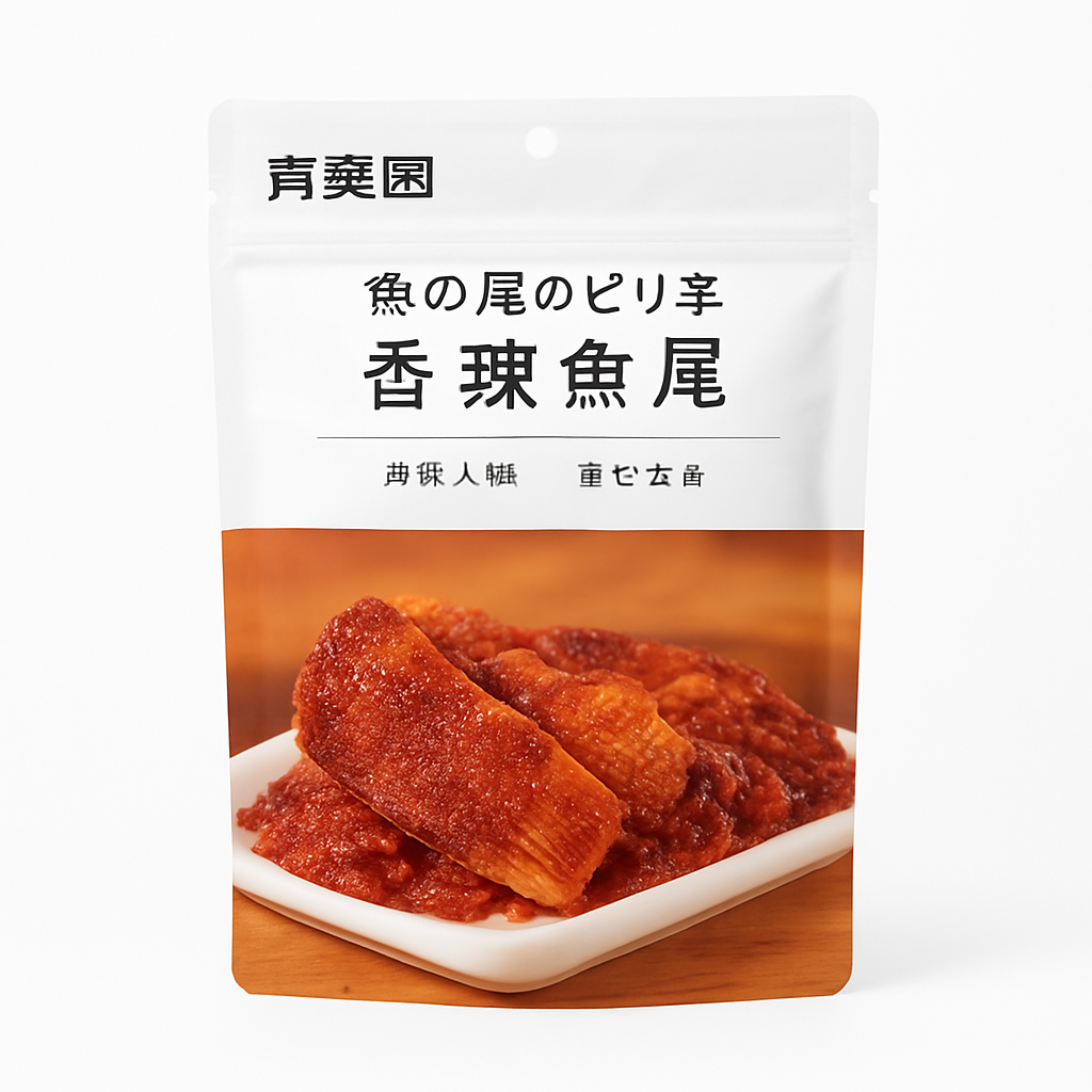 Mei Wei: Rabo de Peixe Apimentado(香辣鱼尾)- Qinghao Yuan 55g - Embalagem em Fundo Branco