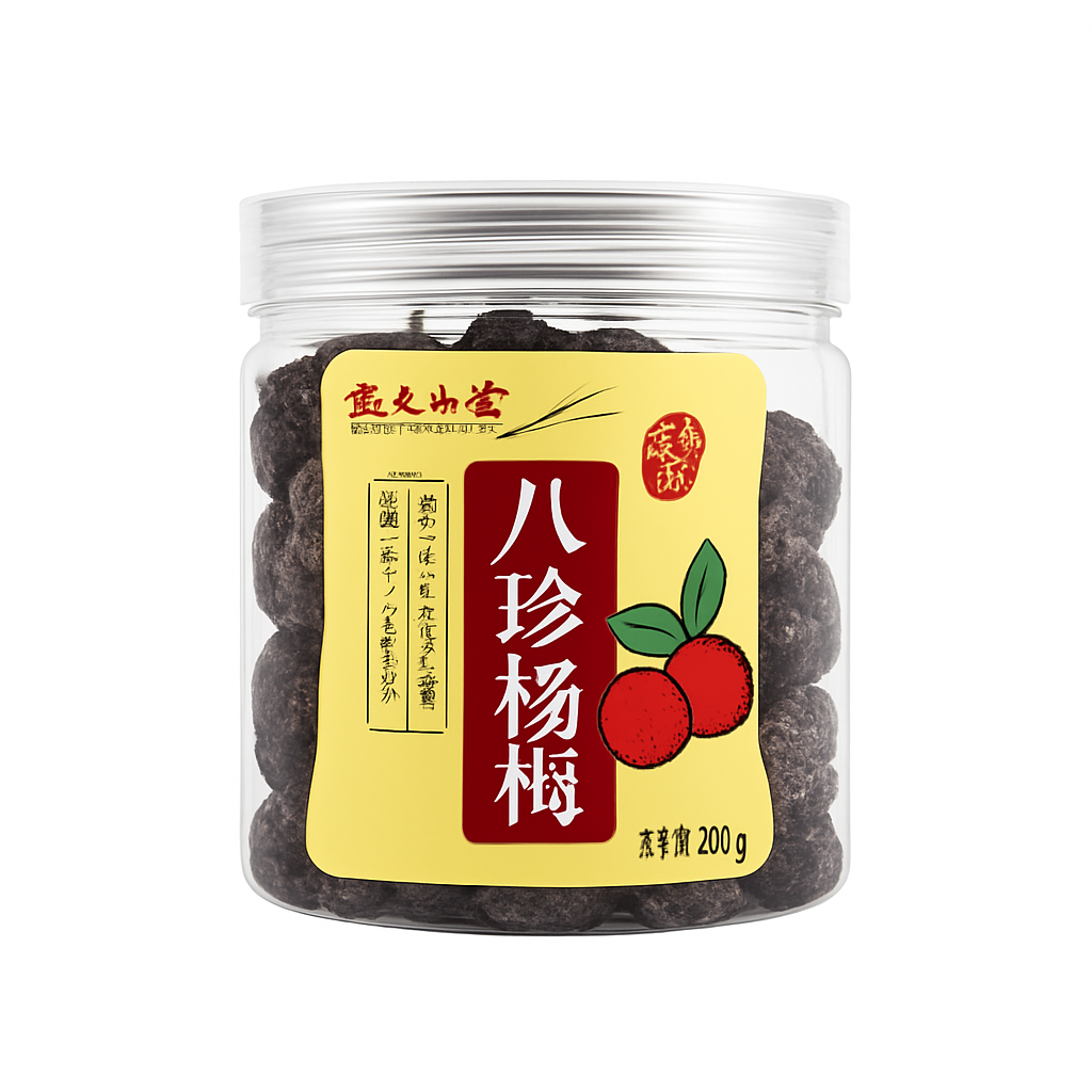 Mei Wei: Ameixa Yangmei Cristalizada(八珍杨梅)- Nong Fu Shan Zhuang 200g - Embalagem em Fundo Branco