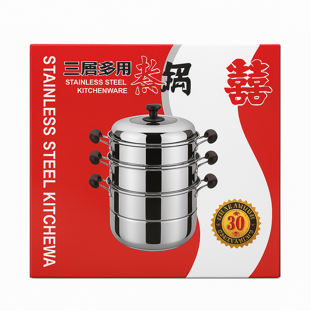 Mei Wei: Panela de Vapor em Aço Inoxidável 3 Camadas(三层多用蒸锅)- Shuangying 30cm - Embalagem em Fundo Branco