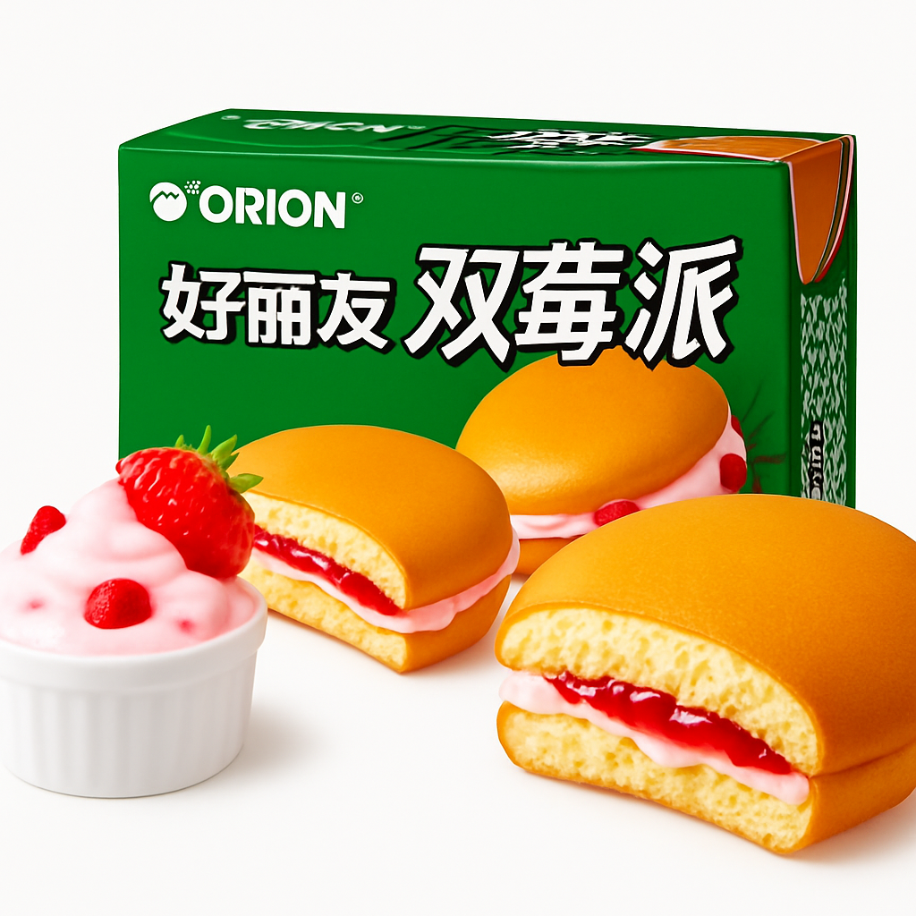 Mei Wei: Torta de Morango Duplo(好丽友双莓派)- Orion 276g - Embalagem em Fundo Branco