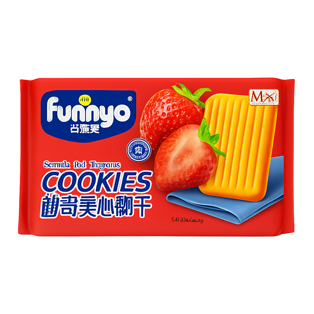 Mei Wei: Cookies Sandwich Morango e Leite (曲奇夹心饼干) - Funnya 260g - Embalagem em Fundo Branco
