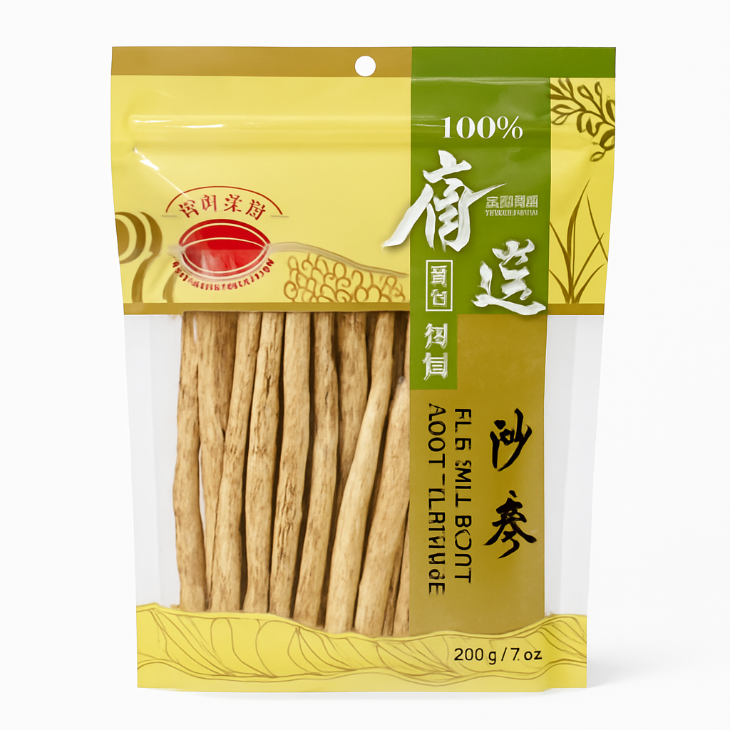Mei Wei: Raiz de Ginseng Radix Glehniae(沙参)- D.M.D Bridge Brand 200g - Embalagem em Fundo Branco