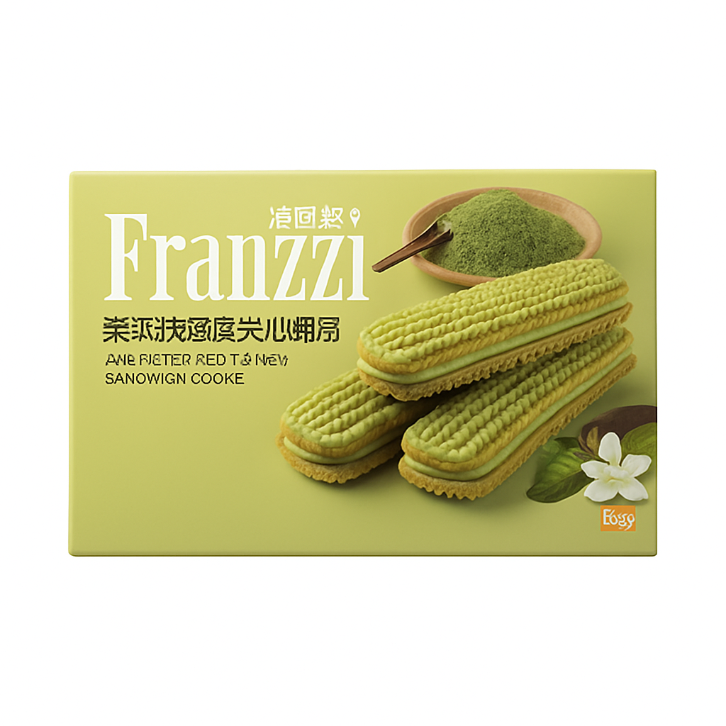 Mei Wei: Biscoito Sanduíche Matcha Jasmim(茉莉抹茶味夹心曲奇)- Franzzi 92g - Embalagem em Fundo Branco