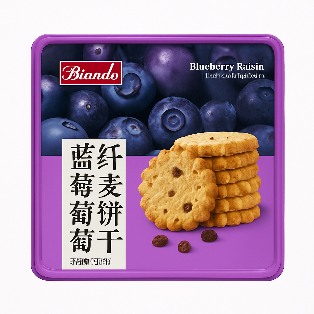Mei Wei: Biscoito Fibra de Trigo Mirtilo e Uva-Passa(蓝莓葡萄干纤麦饼干)- Biando 330g - Embalagem em Fundo Branco