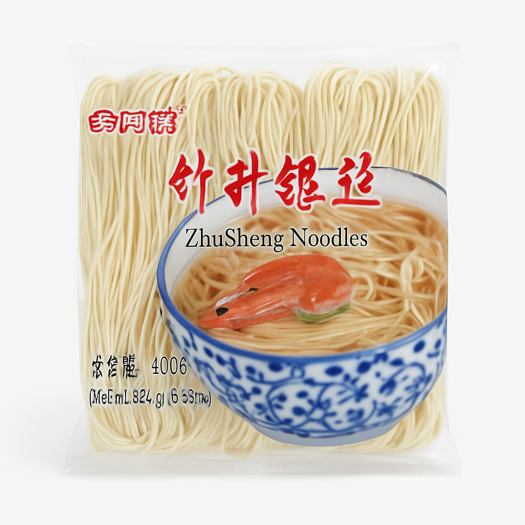 Mei Wei: Macarrão Bamboo Silver Thread(竹升银丝面)- Mei A Yi 480g - Embalagem em Fundo Branco