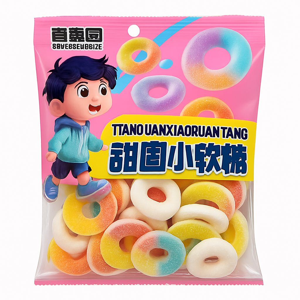 Mei Wei: Doces Donuts Gelatinosos(青豪园甜圈小软糖)- Qinghaoyuan 122g - Embalagem em Fundo Branco