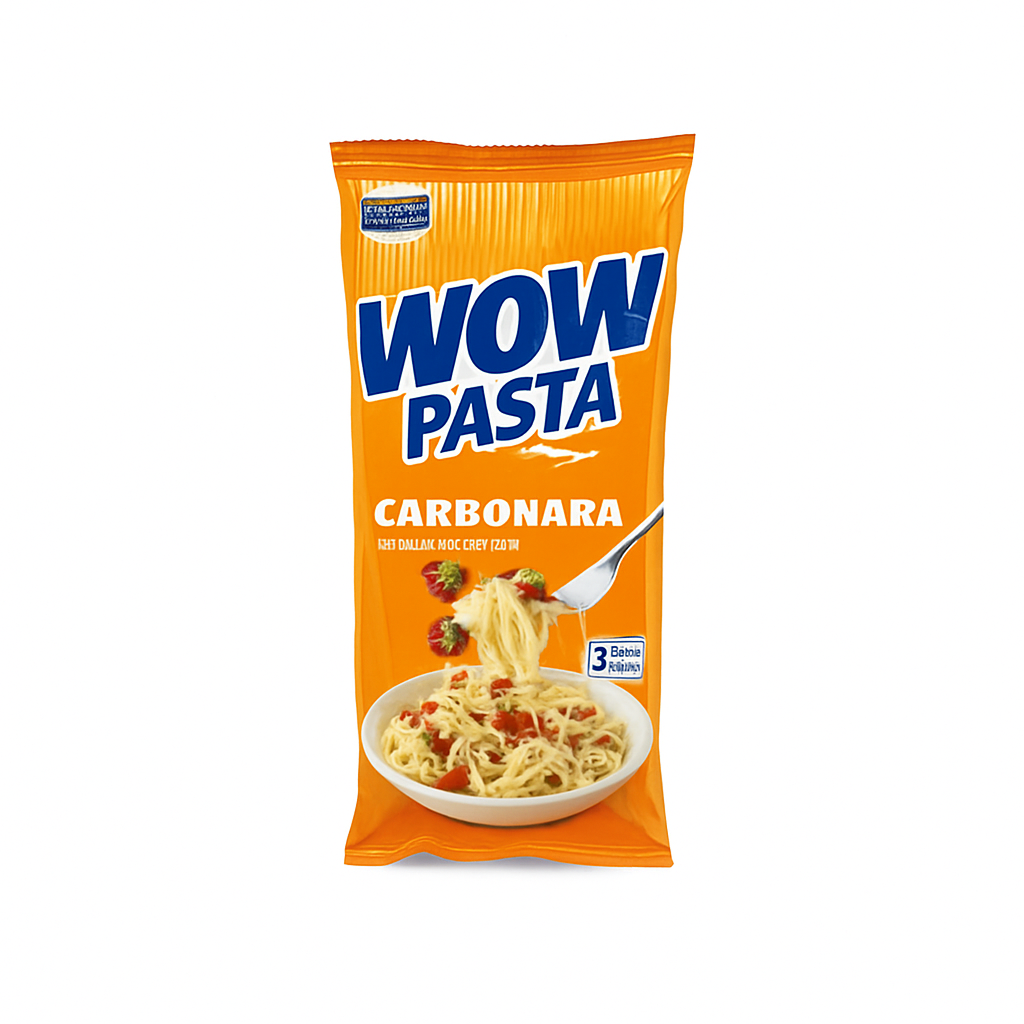 Mei Wei: WOW Pasta Macarrão Instantâneo Sabor Carbonara(ワウパスタ)- WOW 88g - Embalagem em Fundo Branco