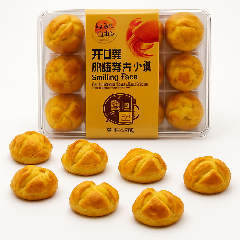 Mei Wei: Biscoitos Sorriso com Gema de Ovo Salgada(开口笑咸蛋黄小饼)- Aoweifang 220g - Embalagem em Fundo Branco