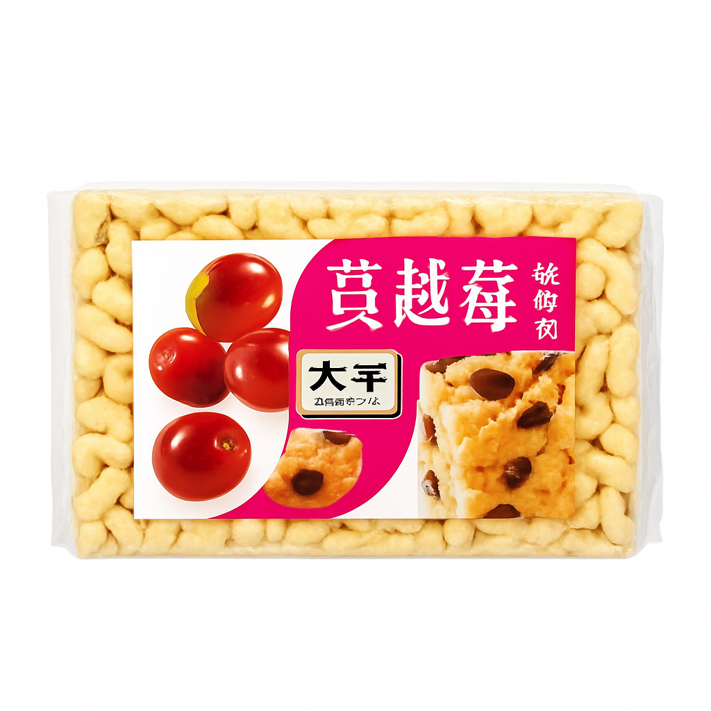 Mei Wei: Sachima de Mirtilo Vermelho(蔓越莓沙琪玛)- Dayu 408g - Embalagem em Fundo Branco