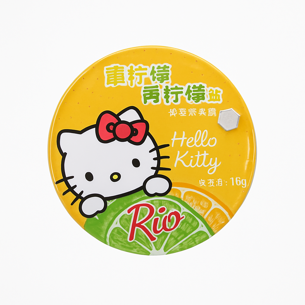 Mei Wei: Bala de Limão e Lima com Menta(黄檸檬味+青檸檬味薄荷糖)- Hello Kitty Rio 16g - Embalagem em Fundo Branco