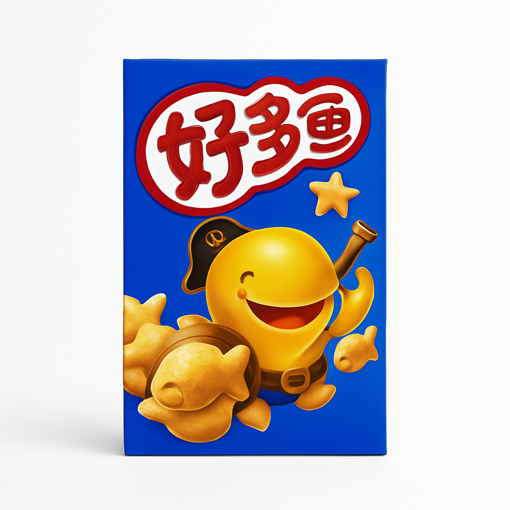 Mei Wei: Biscoito de Peixinho Sabor Churrasco(好多鱼)- Orion 33g - Embalagem em Fundo Branco
