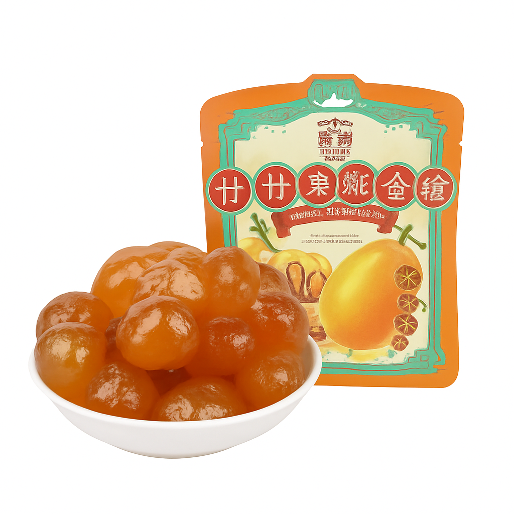Mei Wei: Bala de Alcaçuz com Tangerina e Kumquat(甘草枇杷金桔)- Nong Fu Shan Zhuang 168g - Embalagem em Fundo Branco