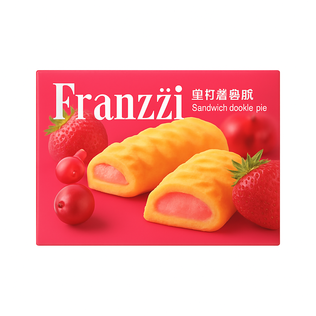 Mei Wei: Biscoito Recheado Sabor Morango(法丽兹黄油曲奇派)- Franzzi 100g - Embalagem em Fundo Branco