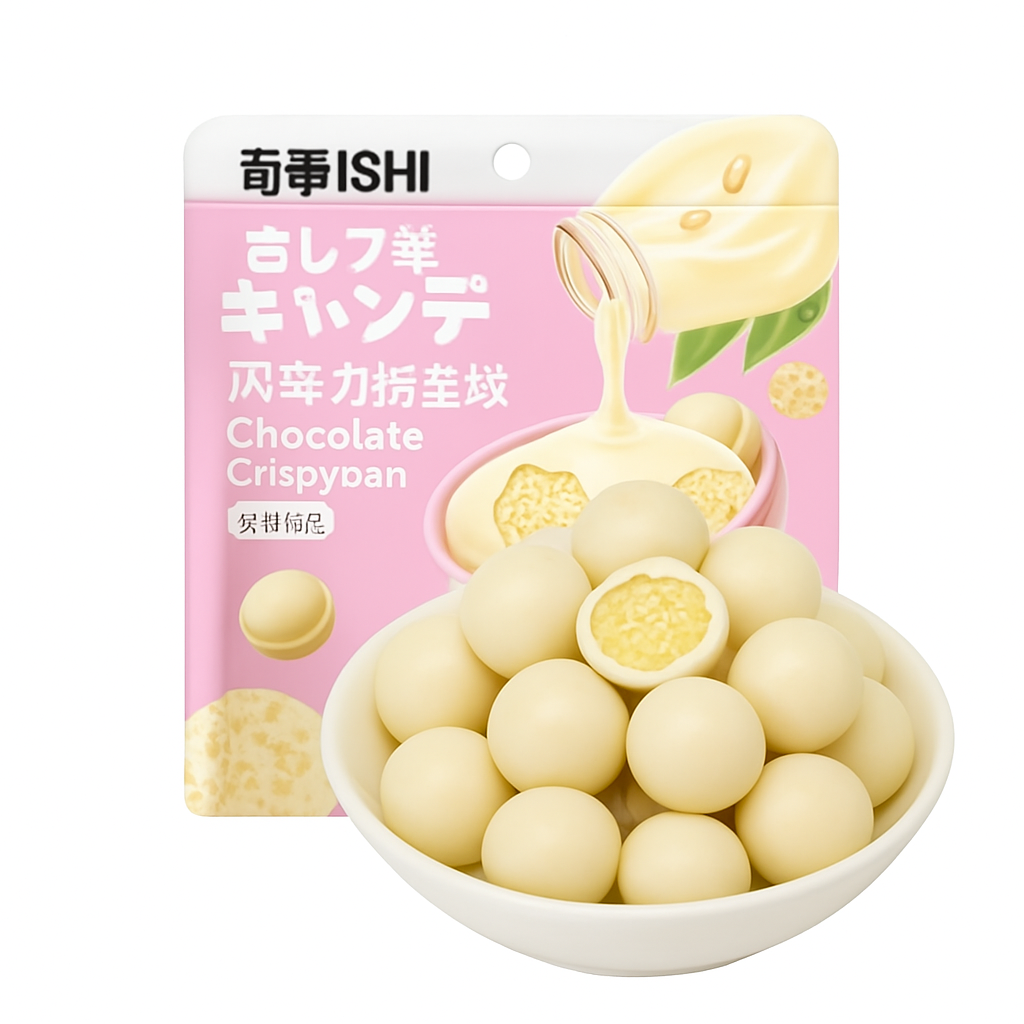 Mei Wei: Biscoito de Chocolate Crispy Ball Sabor Leite de Soja(奇しプ事キャンデ巧克力脆豆)- Qishi 70g - Embalagem em Fundo Branco