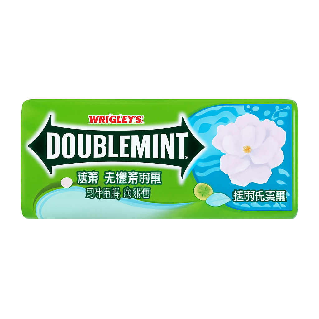 Mei Wei: Chiclete Doublemint Sabor Flor de Jasmin(绿箭茉莉花茶味)- Wrigley's 23,8g - Embalagem em Fundo Branco