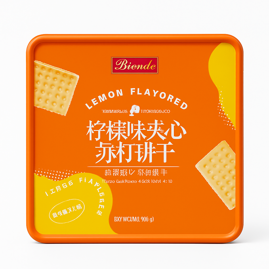 Mei Wei: Biscoito Soda Sabor Limão(柠檬味夹心苏打饼干)- Biando 450g - Embalagem em Fundo Branco