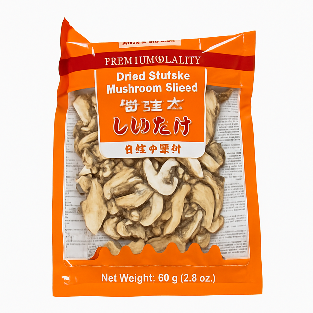 Mei Wei: Cogumelo Shiitake Seco Fatiado(香菇片)- 80g - Embalagem em Fundo Branco