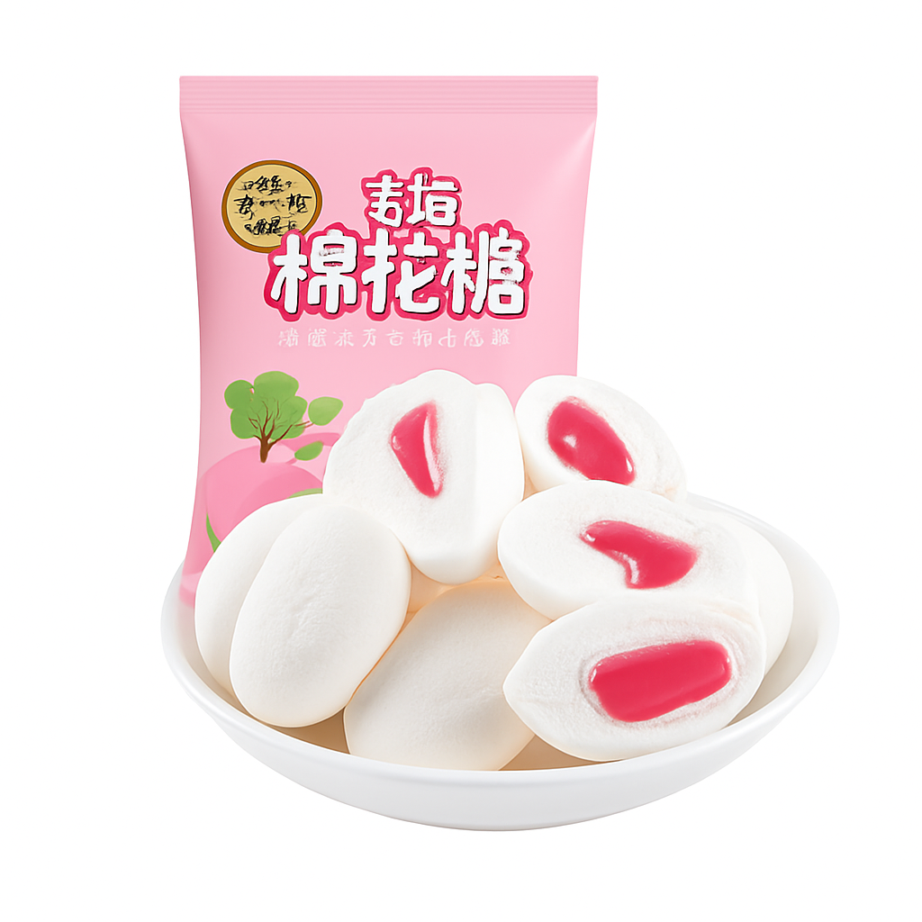 Mei Wei: Marshmallow Recheado Sabor Pêssego(玫瑰棉花糖)- Xufuji 64g - Embalagem em Fundo Branco