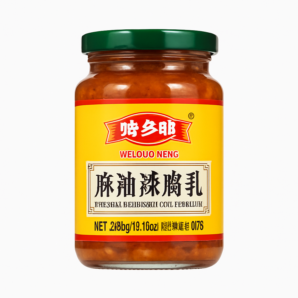 Mei Wei: Tofu Fermentado com Óleo de Gergelim e Pimenta(麻油辣腐乳)- Wei Duo Neng 288g - Embalagem em Fundo Branco