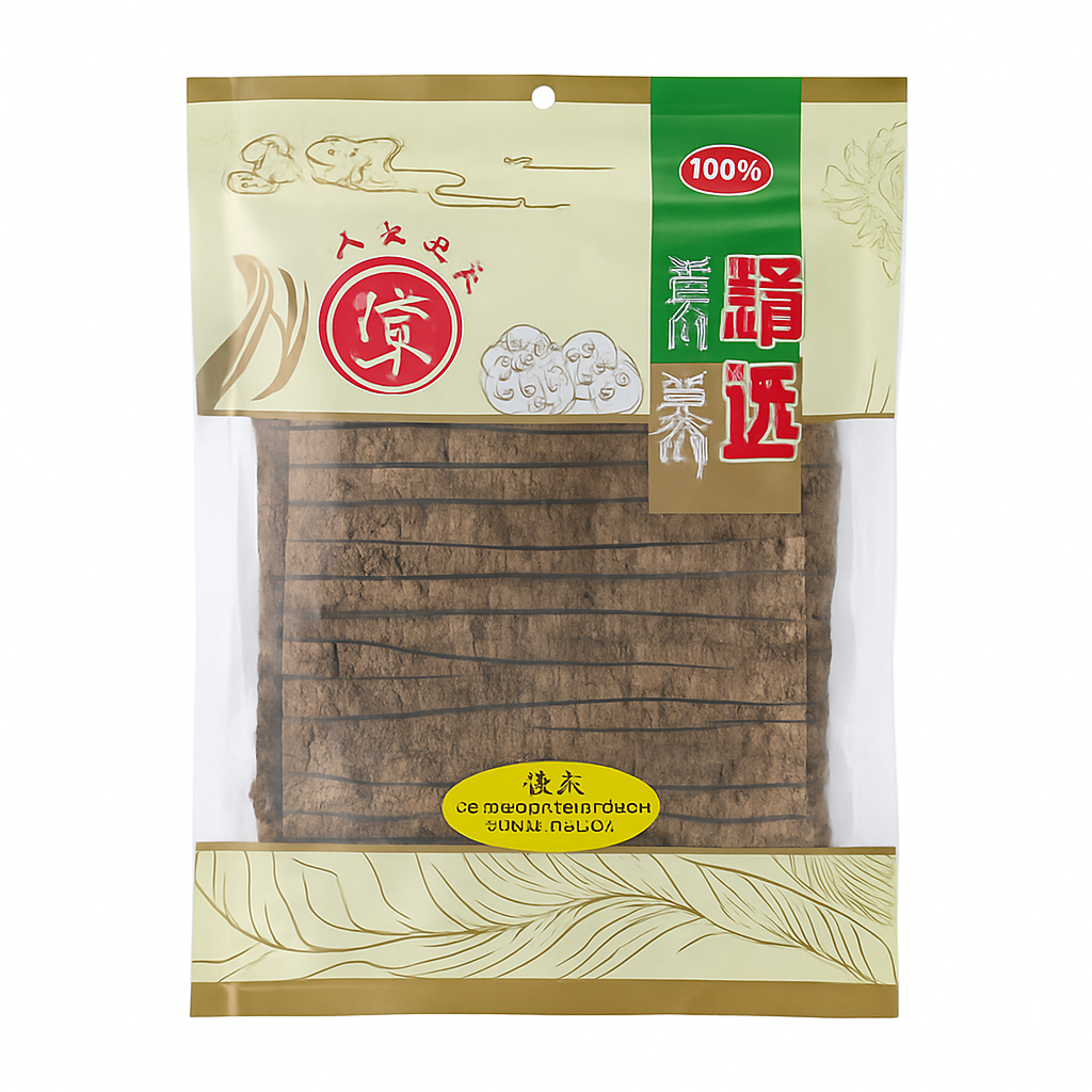 Mei Wei: Casca de Eucommia(杜仲)- 100g - Embalagem em Fundo Branco