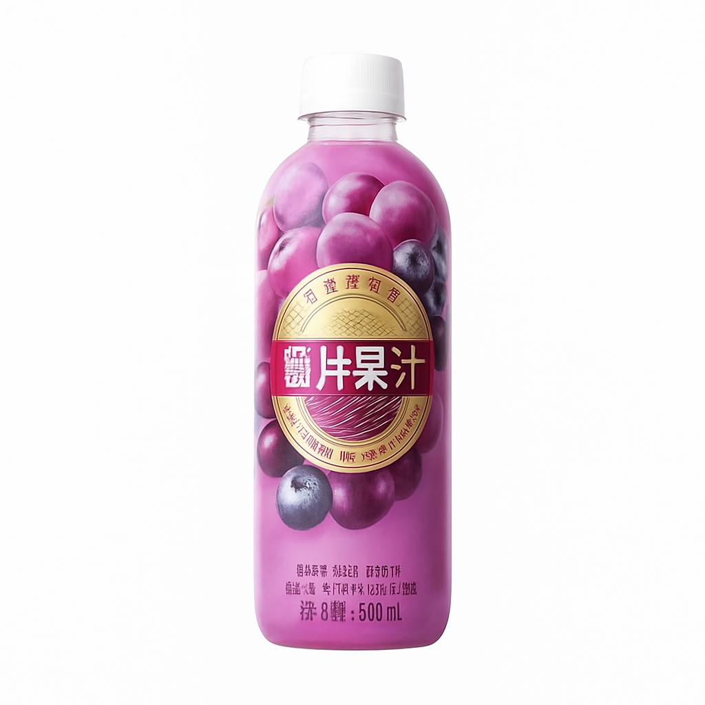 Mei Wei: Suco de Frutas Roxas(旺旺有片果林果汁)- Want Want 500ml - Embalagem em Fundo Branco