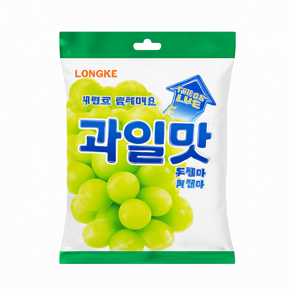 Mei Wei: Bala Coreana Sabor Uva Verde(청포도)- Longke 153g - Embalagem em Fundo Branco