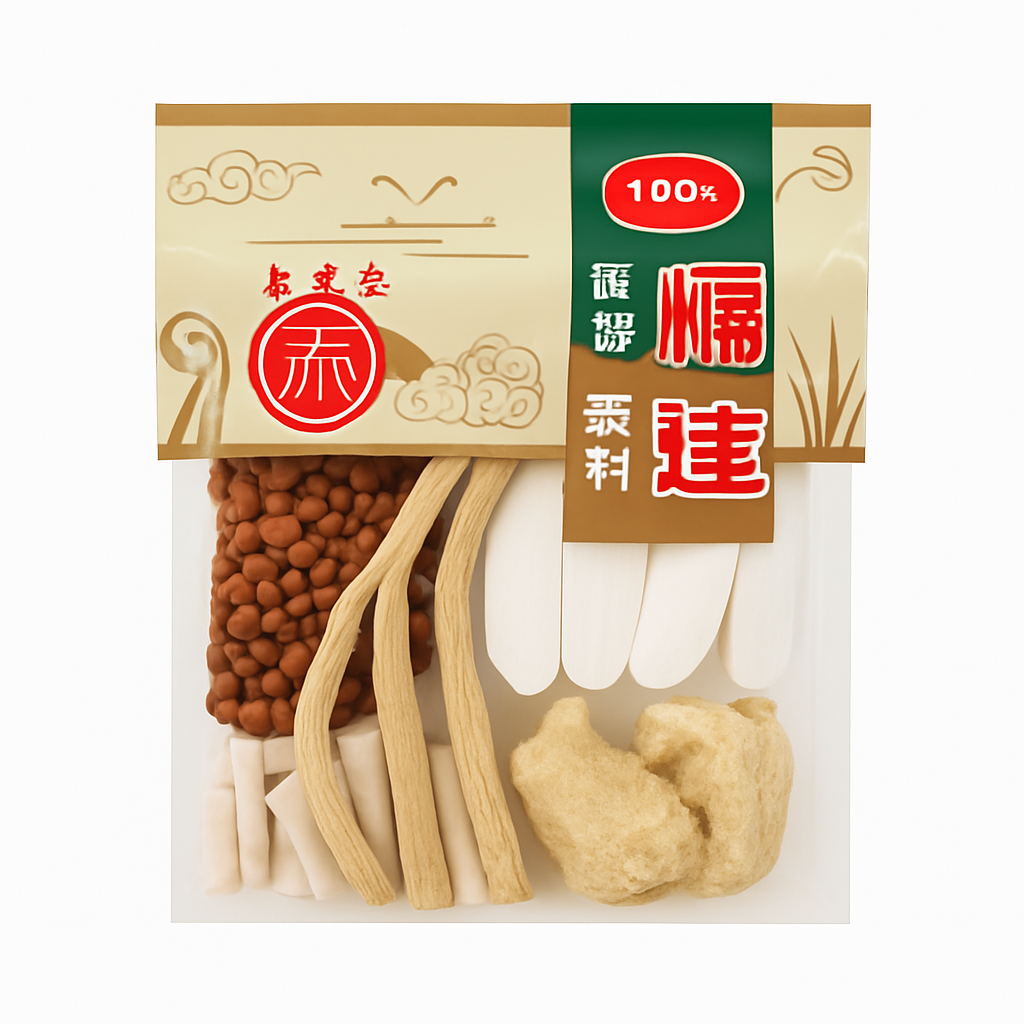 Mei Wei: Sopa Medicinal Chinesa para Qi e Sangue(万家补气血止头痛汤)- Wan Jia 85g - Embalagem em Fundo Branco