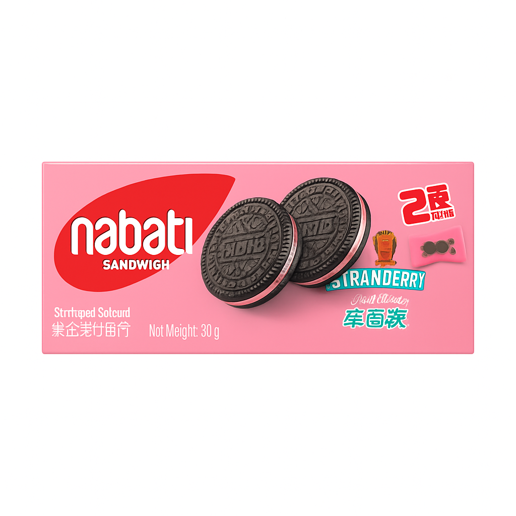 Mei Wei: Biscoito Recheado de Morango(纳宝帝夹心饼)- Nabati 80g - Embalagem em Fundo Branco